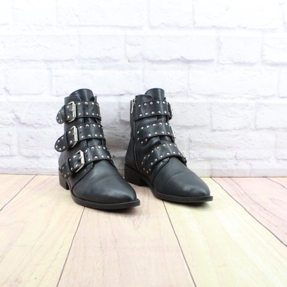 Steven Maden New York Harmon Black Leather Studded Buckle Booties Size 8 M - Picture 3 of 11